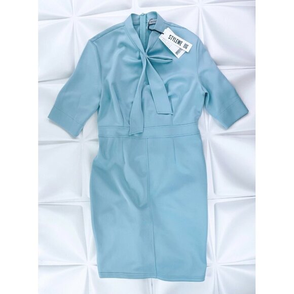 NWT Misslook Sz 4XL Blue Tie Mock Neck Sheath Dress NEW - Picture 1 of 8
